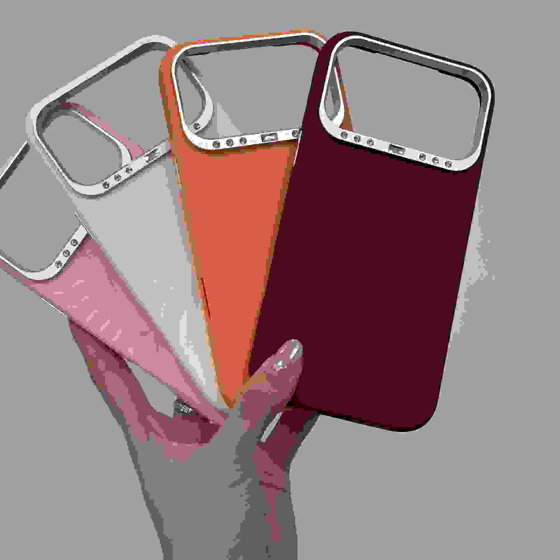 Hand holding colorful sunflower magnetic phone case with metallic frame and embedded rhinestones, slim design, pink, cream, orange, and burgundy colors
